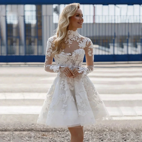 Short Wedding Dresses Lace Tulle Strapless A Line Bride Gown